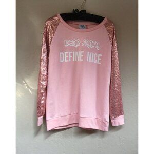 Made Right Womens Sequin Raglan Sweater Dear Santa Define Medium Pink Pullover